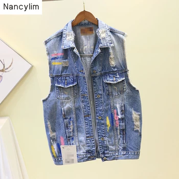 

Sleeveless Jacket Waistcoat Women Spring Summer Street Coats New Korean Long Loose and Poorly Painted Cowboy Jackets Students