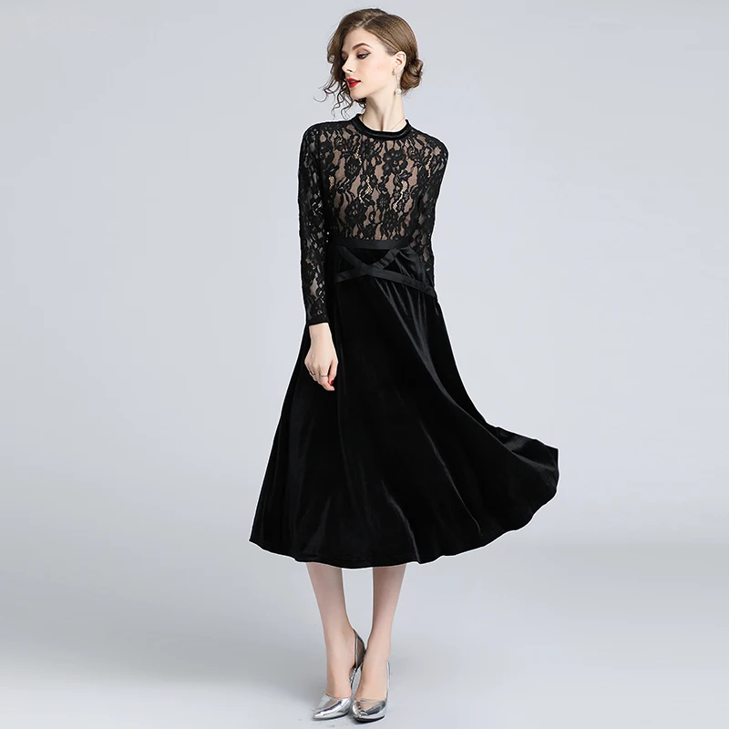 Зимние выдолбленные чёрный кружевной бархатный платье Vestidos Mujer 2021 для женщин с