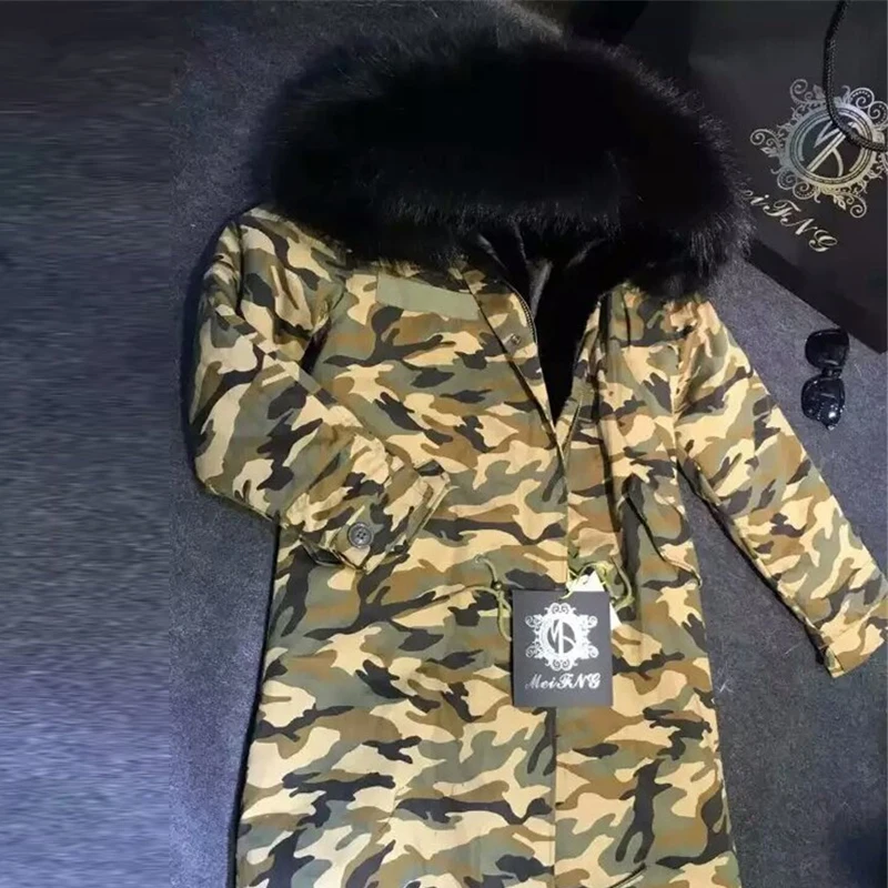 Army camouflage coat Elegant new style long jacket black faux fur lined and big real FOX  fur hood Mr Mrs fur camouflage parka