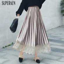 SuperAen бархатная плиссированная юбка женская осень-зима кружевные модные женские юбки Повседневная Эластичная талия высокая талия юбки
