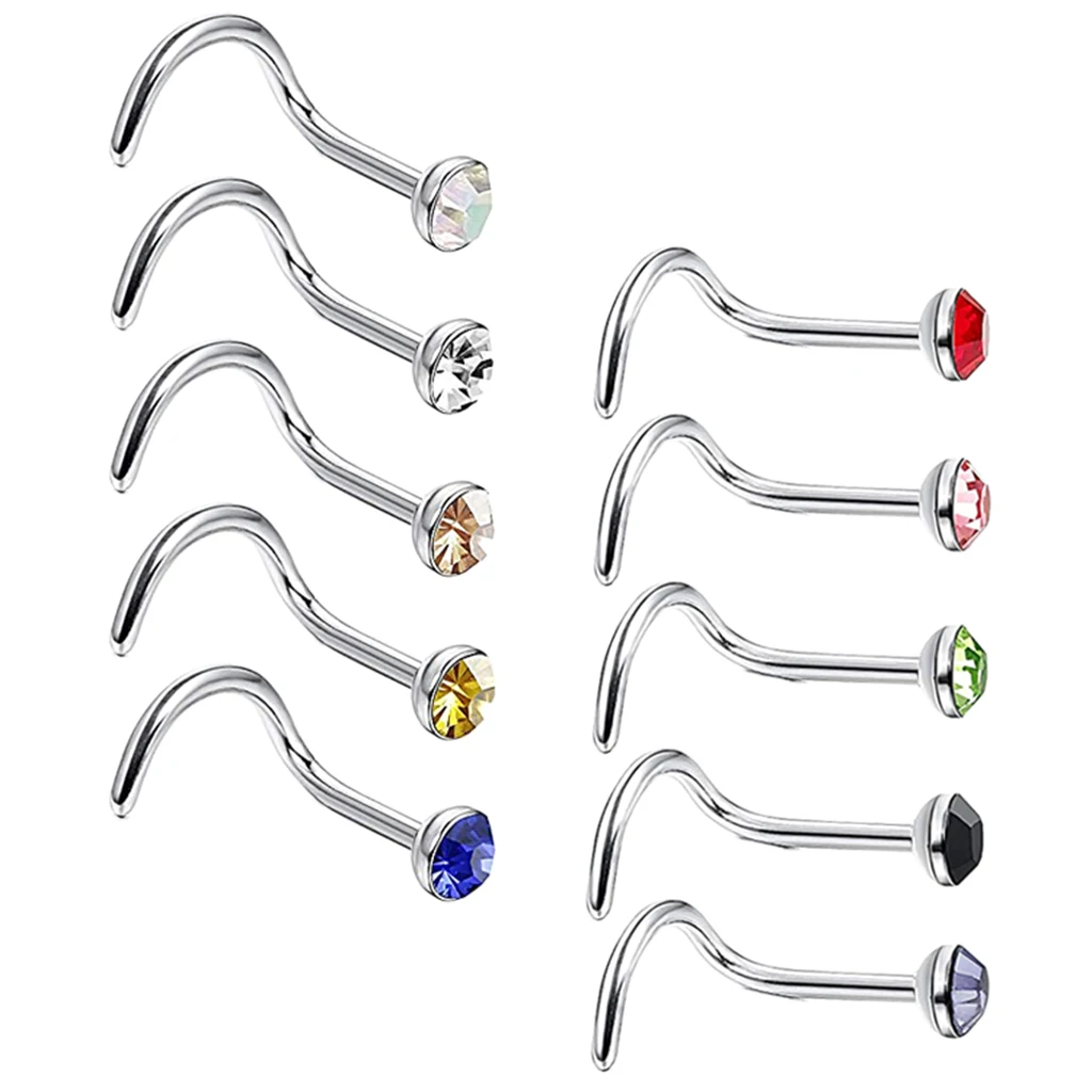 10pcs 18 Gauge Curved Nose Studs Cubic Zirconia Body Piercing Jewelry Nose Rings Piercing Jewelry 