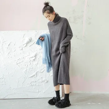 

2018 Autumn Winner Long Dress Sweater Women Turtleneck Warm Pullovers Ladies Solid Long Sleeve Sale Top Clothes Clothing