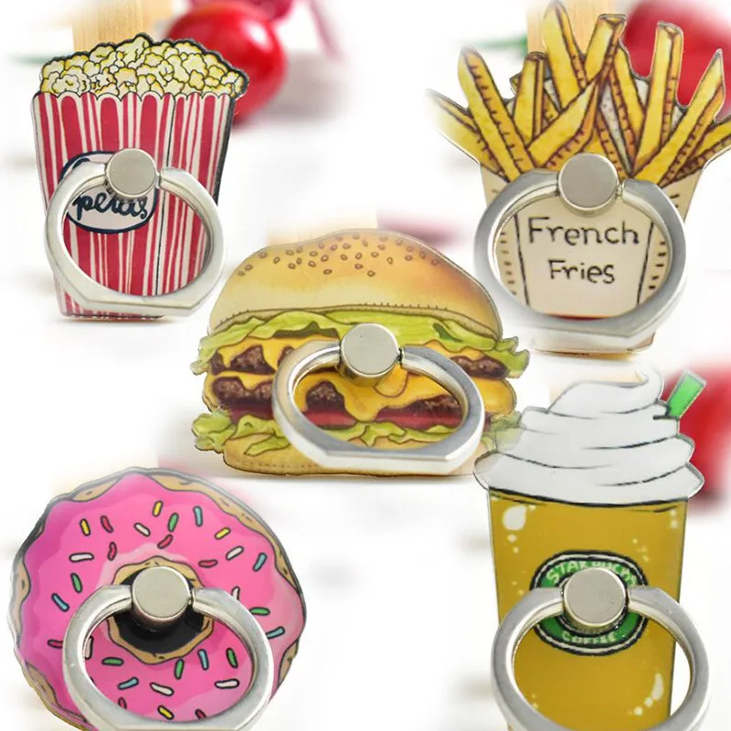 

New Design Universal Metal Finger Ring cute Mobile Phone Holder Cute Chips Milk Bottle Donuts Cartoon Phone Holder Ring