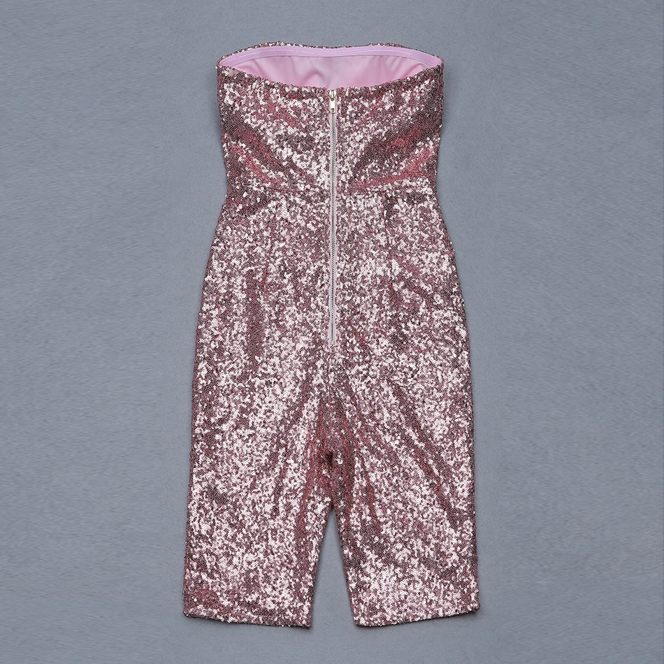 Женский розовый комбинезон без рукавов повязка с блестками короткий Облегающий