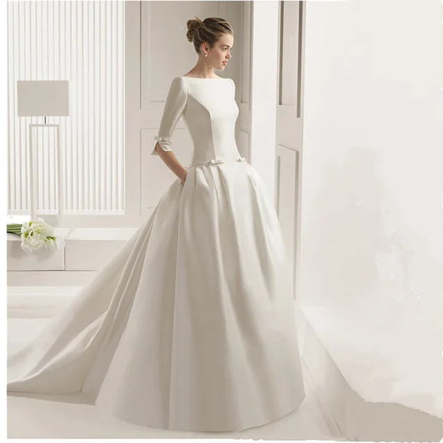 Robe de mariage 2017 Элегантный С Карманы Спинки A-Line Свадебные платья Половина Рукава Часовня Поезд Свадебное Платье Свадебные Платья novia