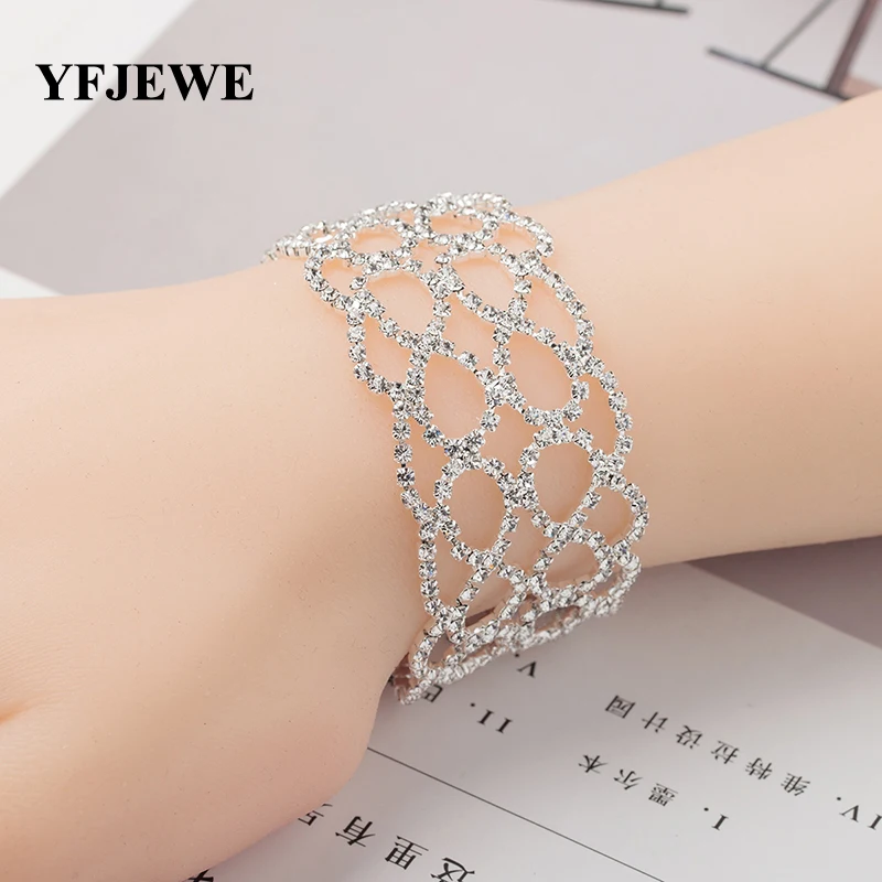 YFJEWE Fashion Full Rhinestone Jewelry Women Factory Price Gold and Silver Color Classic Crystal Pave Link Bracelet Bangle B144 | Украшения