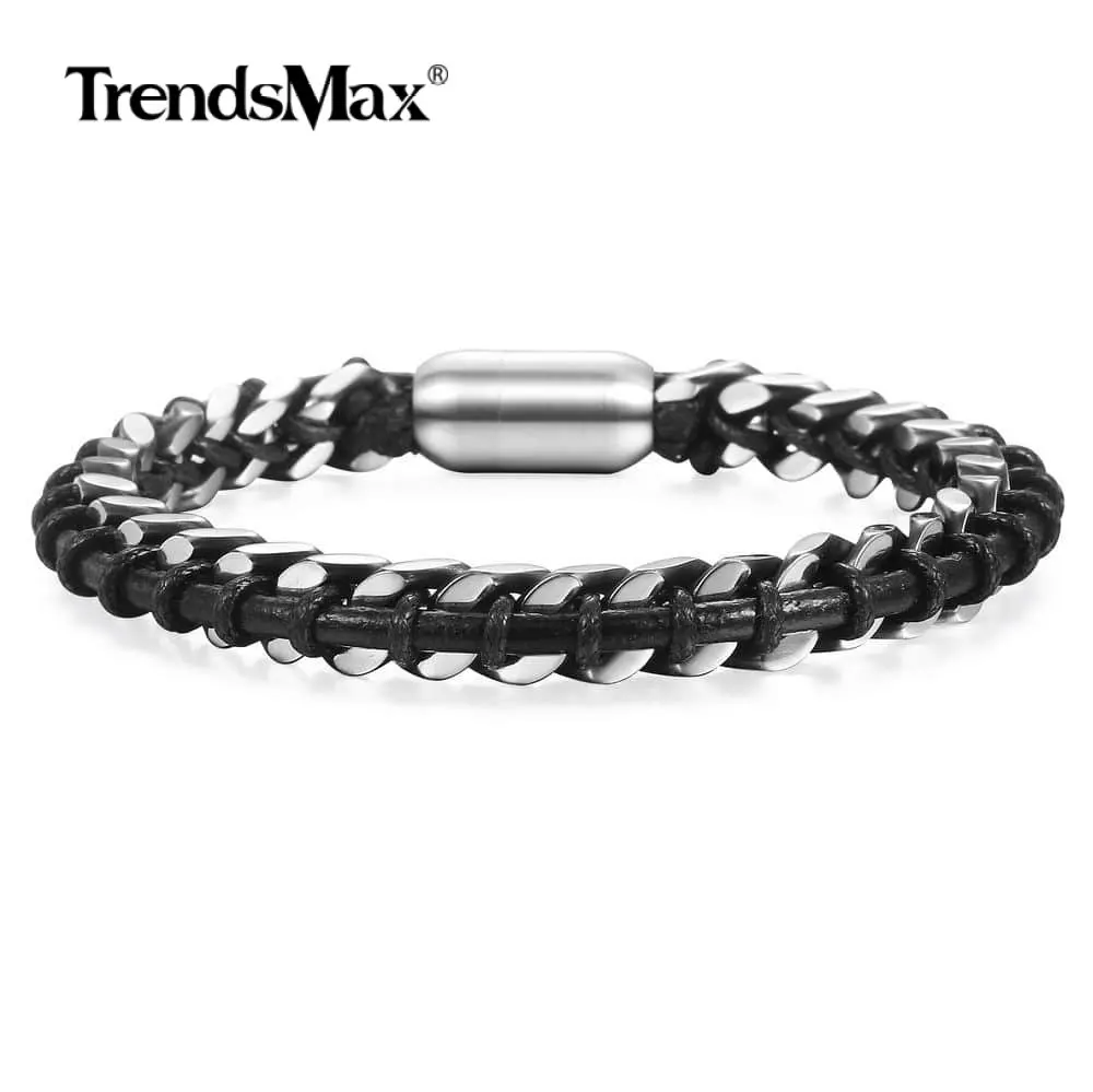 Винтажный двухслойный плетеный браслет из натуральной кожи для мужчин и мальчиков, ювелирные изделия, Прямая поставка, браслет из нержавеющей стали 8,5 дюймов DLB157