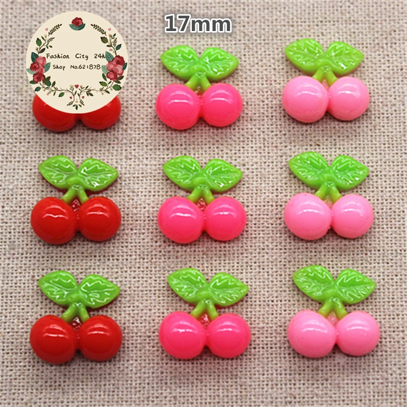 30pcs Kawaii Fruit Cherry Resin Miniature Food Art Supply Flatback Cabochon DIY hai Bow Center Scrapbooking,17*17mm
