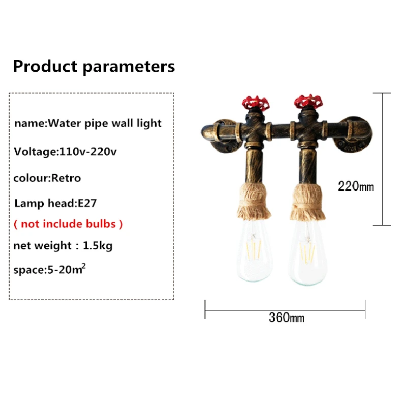 Loft vintage nostalgic Double Heads E27 wall lamp antique iron Water pipe wall light For aisle corridor balcony cafe decoration Loft vintage nostalgic Double Heads E27 wall lamp antique iron Water pipe wall light For aisle corridor balcony cafe decoration