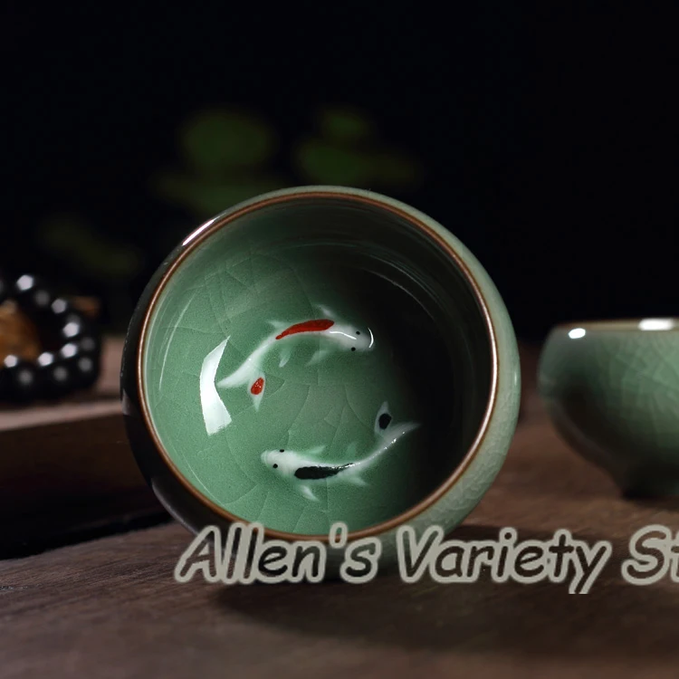 

Golden fish crackle glaze Geyao china Porcelain coffee cup Ge Kiln Chinese Longquan Celadon Celadon Crackle Teacup cups tea set