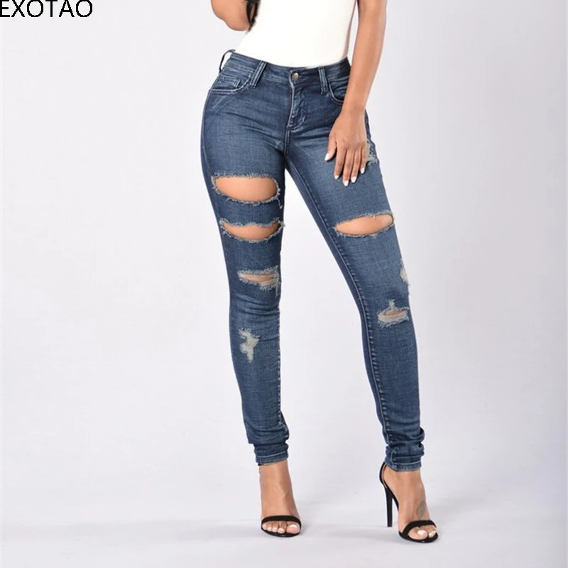 Buy EXOTAO Adjustable Ripped Jeans Woman Oversize
