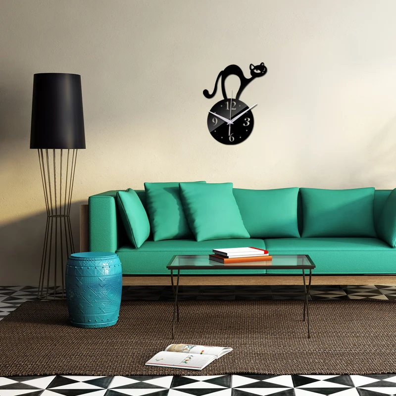 Wall Clocks Acrylic Material DIY Brief Style Cat Decoration Home Living Room Sticker Single Face Needle Quartz Watches