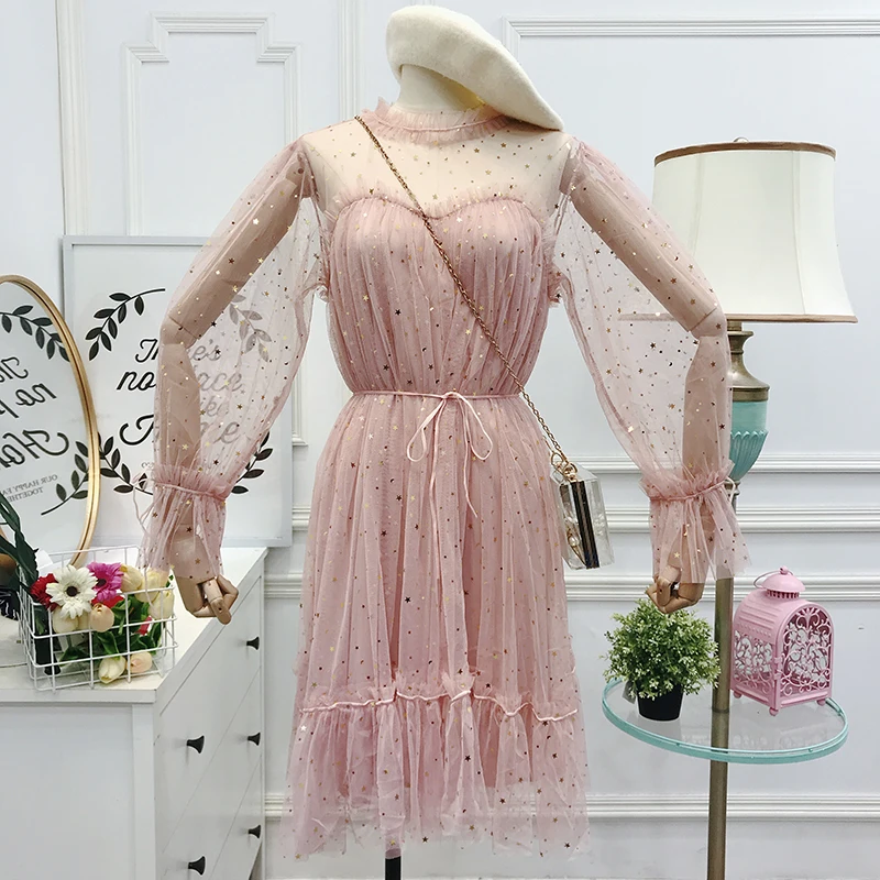 

autumn style fashion brands Women's Clothing mesh perspective dress sequined loose woman dresses sweet vestidos femininos new