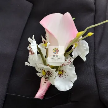 

4 PCS Set Artificial Pink Yellow White Purple Color Calla Wedding Boutonniere Groom GroomsmanCorsage Man Flowers Accessories