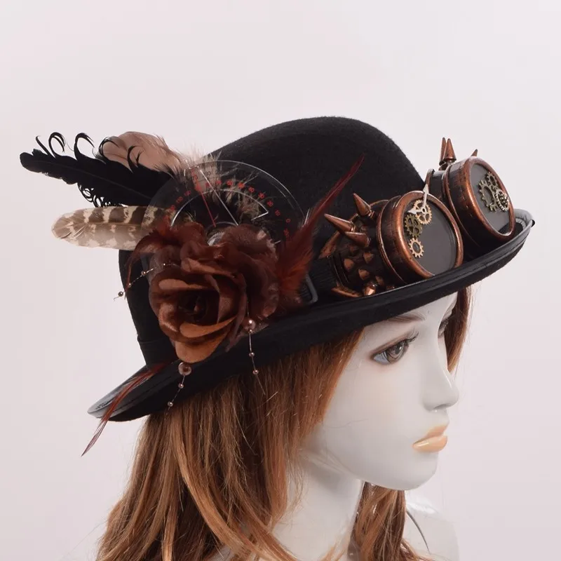 Cosplay&ware Steampunk Hat Bowler Feathers Gear Glasses Gothic Victorian Cosplay Fedora Top Heawear -Zentai shop online