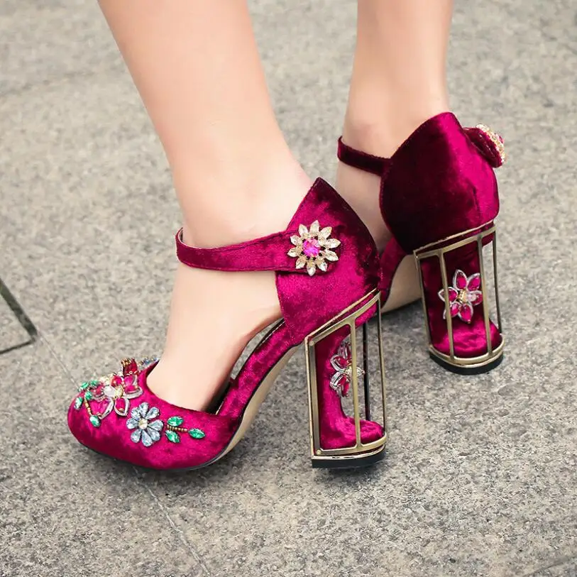 Summer crystal flower women embroidery pumps shoes strange high heels