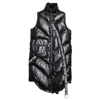 New Warm Cotton Winter Vest Women Sleeveless Jacket Letter Bright Long Vest Loose Cotton Plus Size Clothes Waistcoat Women LQ485 - Цвет: black