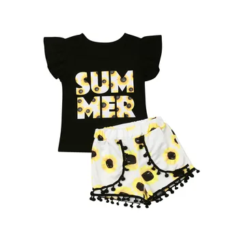 

Summer Girls Clothes Fly Sleeve Cotton T-shirt Tops Sunflower Tassel Shorts 2PCS Kids Clothing Set