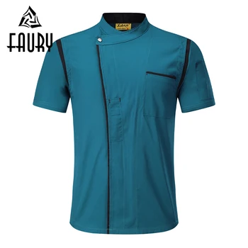 

Unisex Short Sleeve Mesh Patchwork Breathable Stitching Color Food Service Cafe Waiter Work Wear Chef Jackets Uniforms Aprons