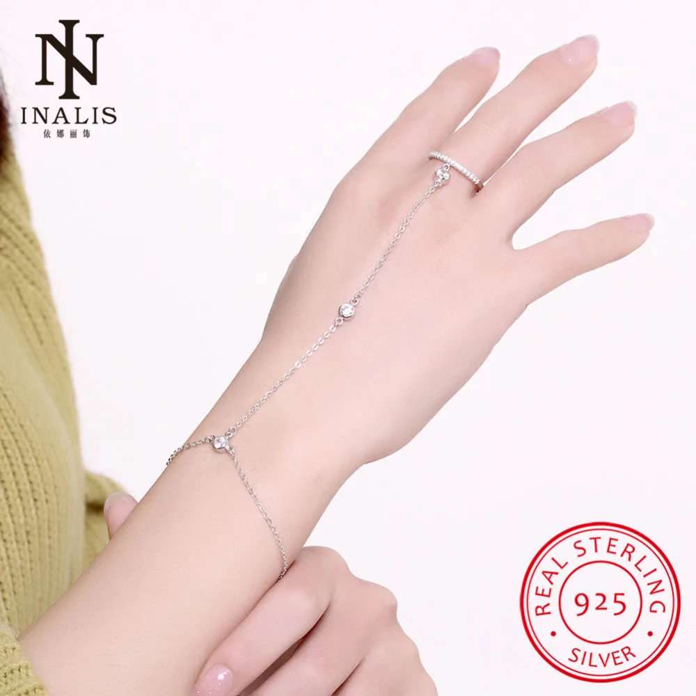 INALIS 925 пробы серебряный браслет, соединенный с кольцом на пальце и браслет с цирконием камень для женщин руки ювелирные изделия