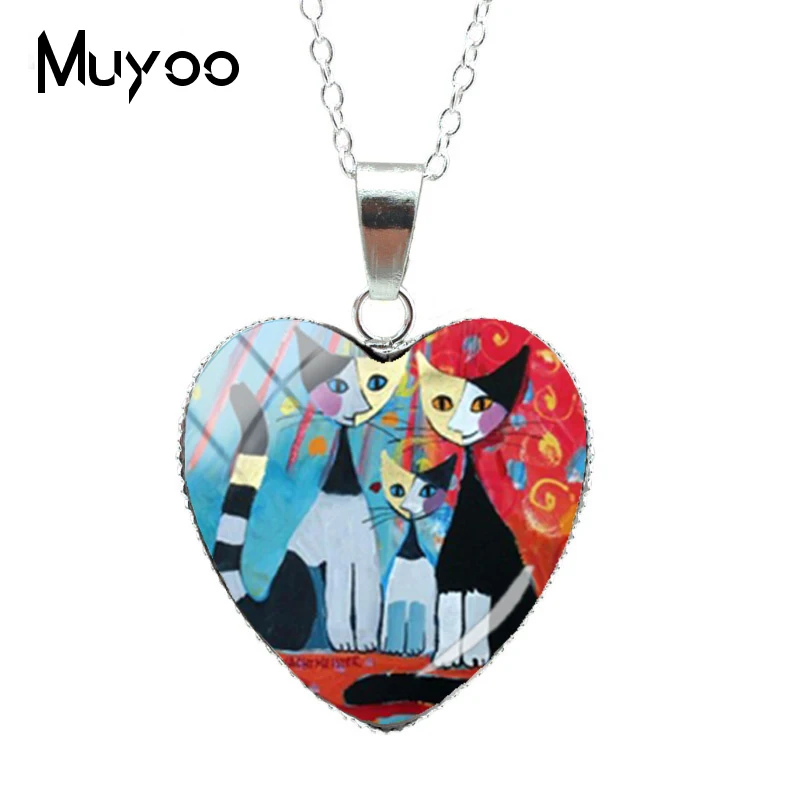 

2019 New Vintage Colorful Cats Heart Necklace Abstract Cats Painting Pendant Silhouette Cats Jewelry Glass Dome Necklace HZ3