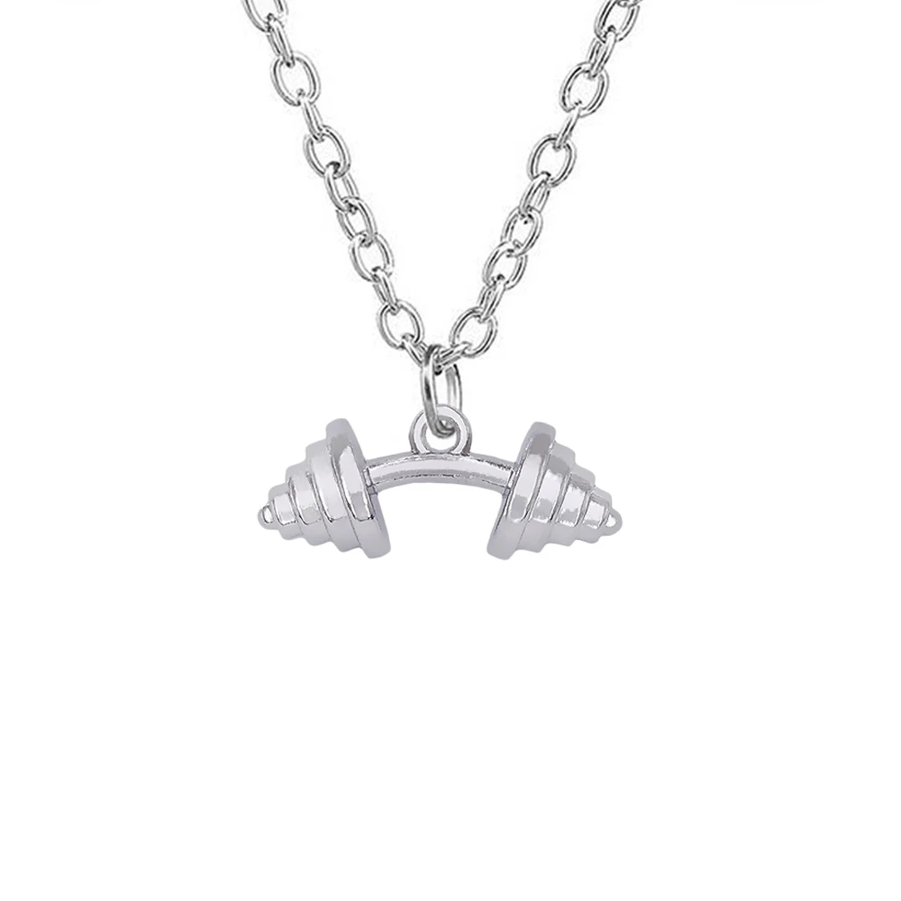 Fashion Fitness Dumbbell Pendant Necklace Metal Plating Silver 3D Gym