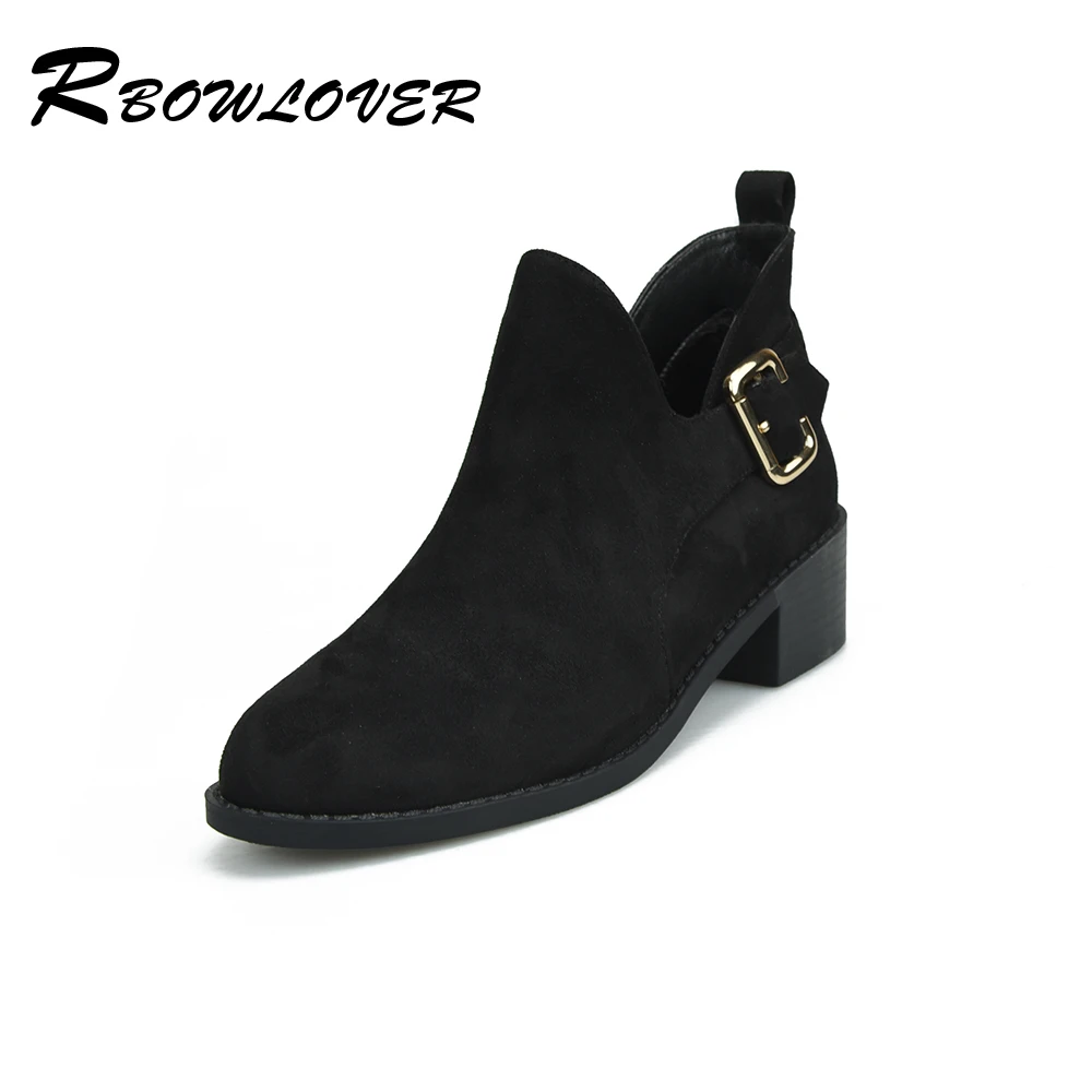 

RBOWLOVER 2018 Women Ankle Boots with Buckle Flock Material Round Toe Square Heels High Quality Short Boots Big Size 33-43