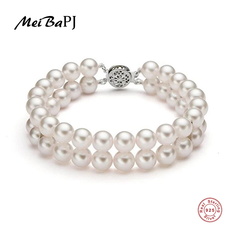 

[MeiBaPJ]Two Row of Real Natural Pearl Bracelet Real 925 Sterling Silver Flower Double Chain Bangle for Women Gift Fine Jewelry