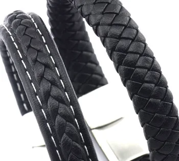 

5pcs Stainless Steel Side OPen Buckle Black Woven Leather Bracelets, Fashion Personality Wide Men's Bangles, Jewellry, SL6663