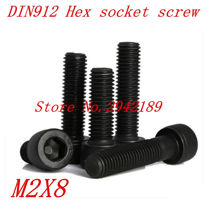 

100pcs/Lot Metric Thread DIN912 M2x8 mm M2*8 mm Black Grade 12.9 Alloy Steel Hex Socket Head Cap Screw Bolts