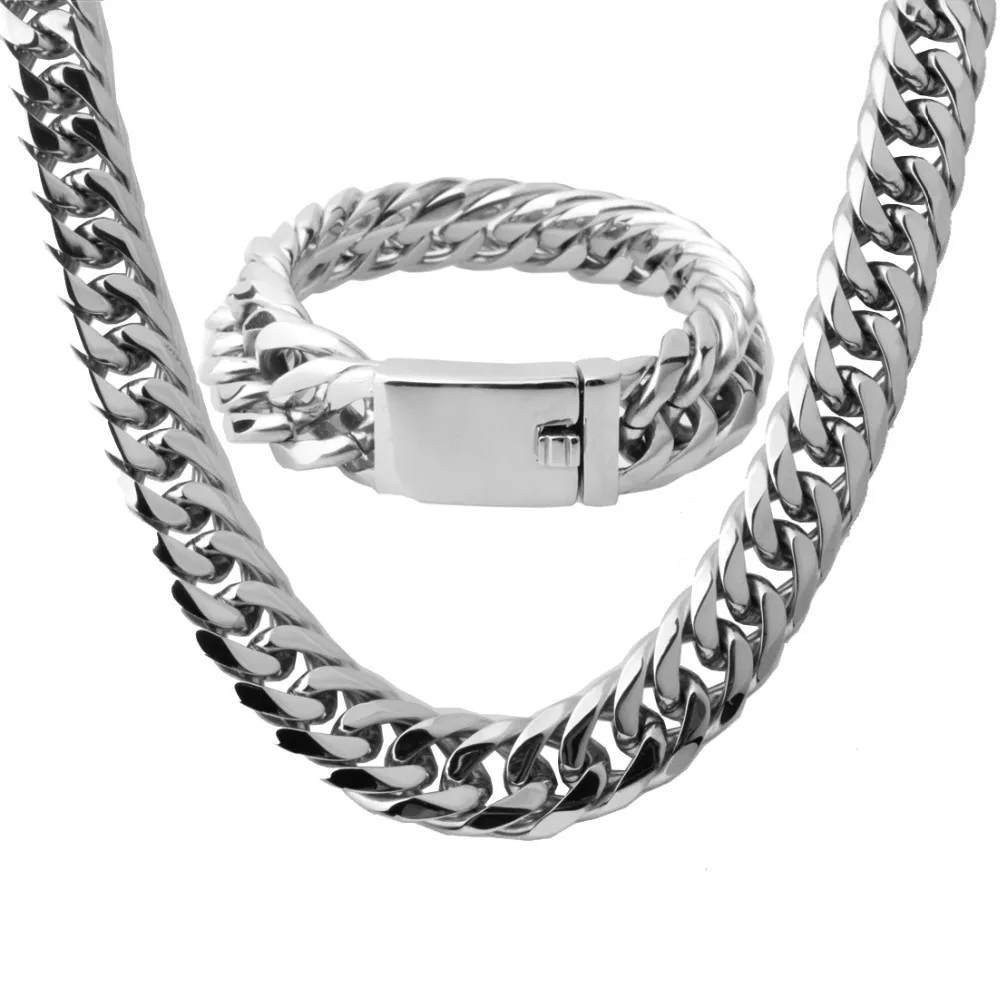 16MM Curb Cuban Chain Link Necklace/Bracelet for Mens 316L Stainless Steel 