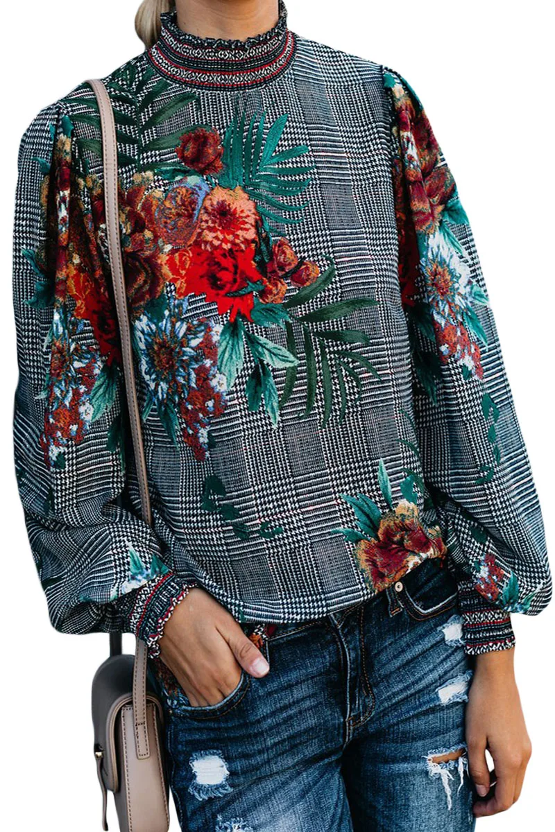 Gray-Plaid-Tropical-Print-Smocked-Long-Sleeve-Blouse-LC251632-11-3