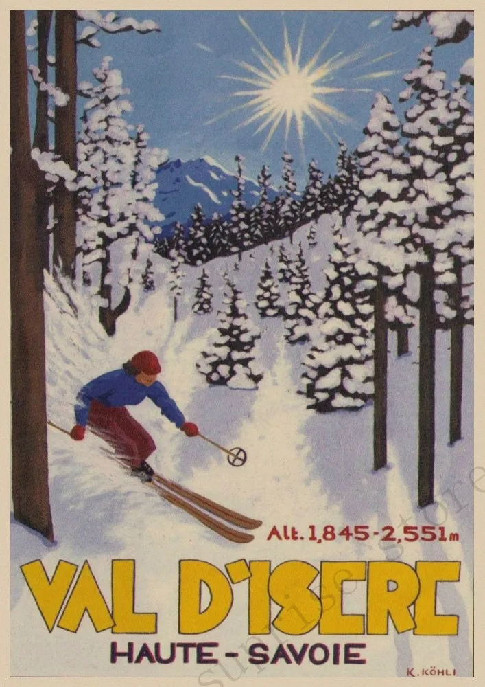 Лыжи в австрийской Зеландии постер с катанием на лыжах старинные лыжные курорты Шамони Путешествия крафт-плакаты DIY стены дома Бар плакаты домашний Декор подарок - Цвет: 2