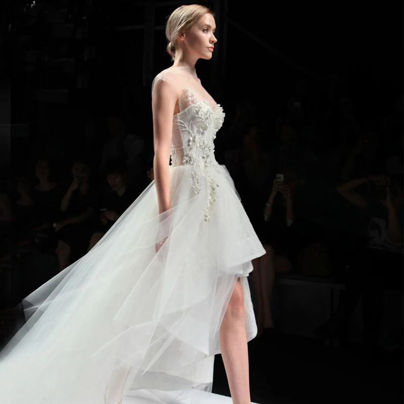 2015 nuevo diseño de vestidos de novia corto por delante y largo en
