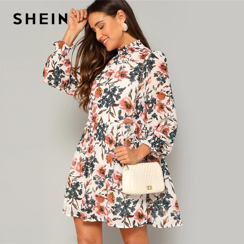 

SHEIN Bohemian Multicolor Frilled Neck and Cuff Floral Print Smock Flared Dress Women Spring A-Line Elegant Chiffon Mini Dresses