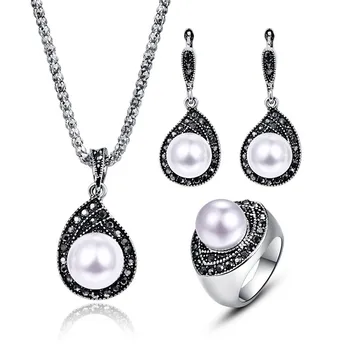 

Bridal Pearl Jewelry Sets For Women Antique Silver Color Full Black Rhinestone Water Drop Pendant Necklace Earrings Ring Set