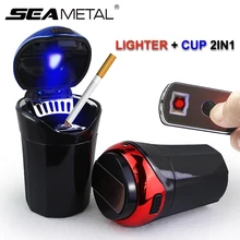 Car Ashtray Electric Cigarette Lighter 2in1 LED Lights Portable Smoking Ash Tray Cup Holder Box Smoke Electronic USB Accessories