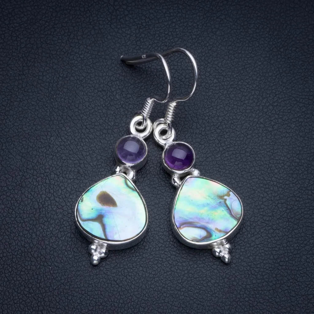 

Natural Abalone Shell and Amethyst Boho 925 Sterling Silver Drop Earrings 1 1/2" R2184