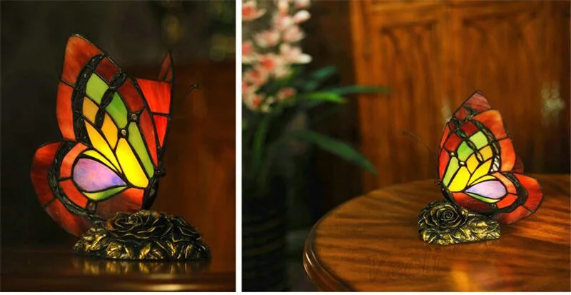 Новинка Tiffanylamp Цветочная основа прикроватная настольная маленькая декоративная настольная лампа, современный светодиодный ночник-светильник с бабочкой для детской спальни