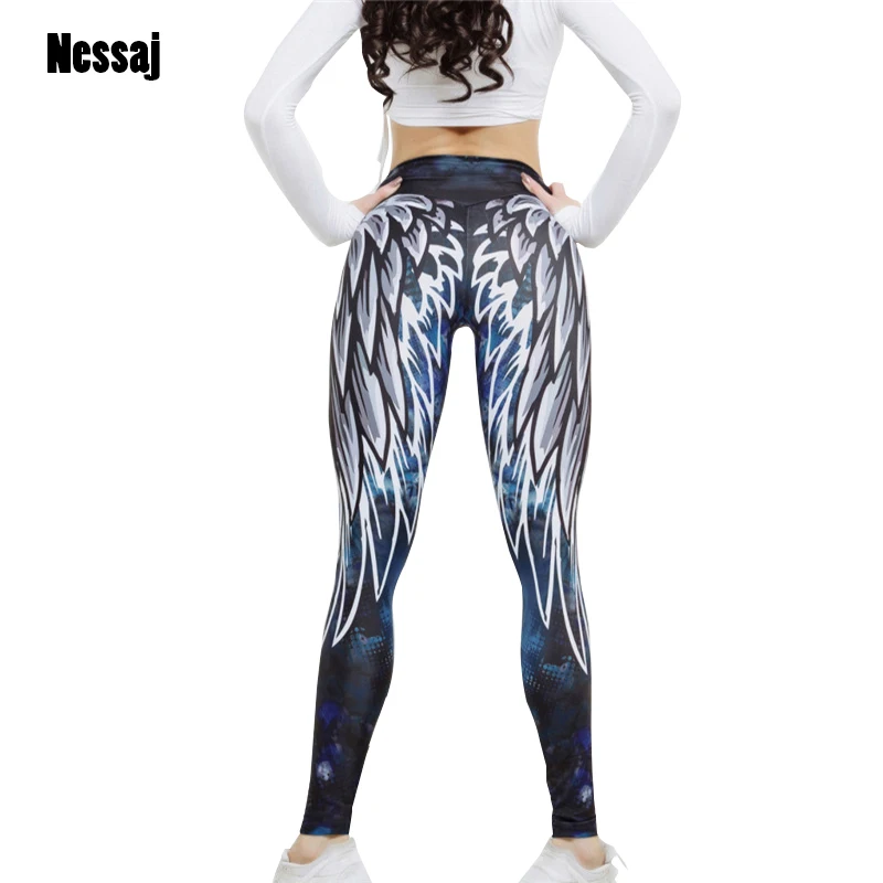 

Nessaj 2019 New Angel Wings Printing Leggings Put Hip Elastic High Waist Legging Breathable Slim Pants Sexy Leggings