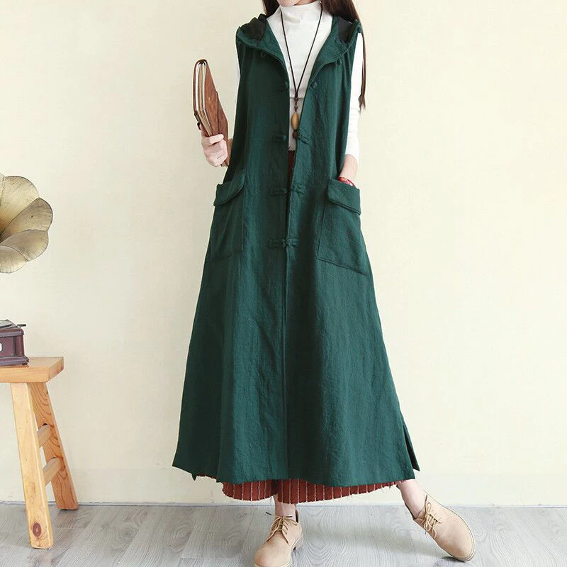 Online Vintage Ethnische Hoodie Lange Weste Frauen Lose Große Tasche Handarbeit Art Plus größe Ärmellose Jacke Damen Colete