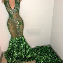 Роскошный Кристалл Длинный Изумрудный Русалка Зеленый африканские платья для выпускного вечера сексуальный v-образный вырез Иллюзия 3D Цветочный поезд вечернее формальное платье