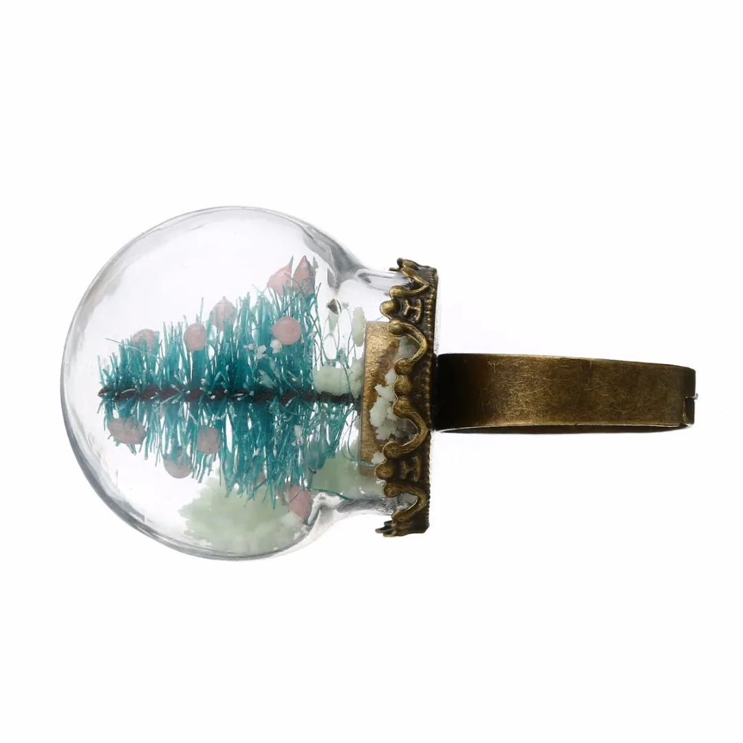Shellhard Luminous Xmas Rings Shellhard Christmas Tree Glass Snowball Glow In The Dark Finger Ring For Women Men Jewelry