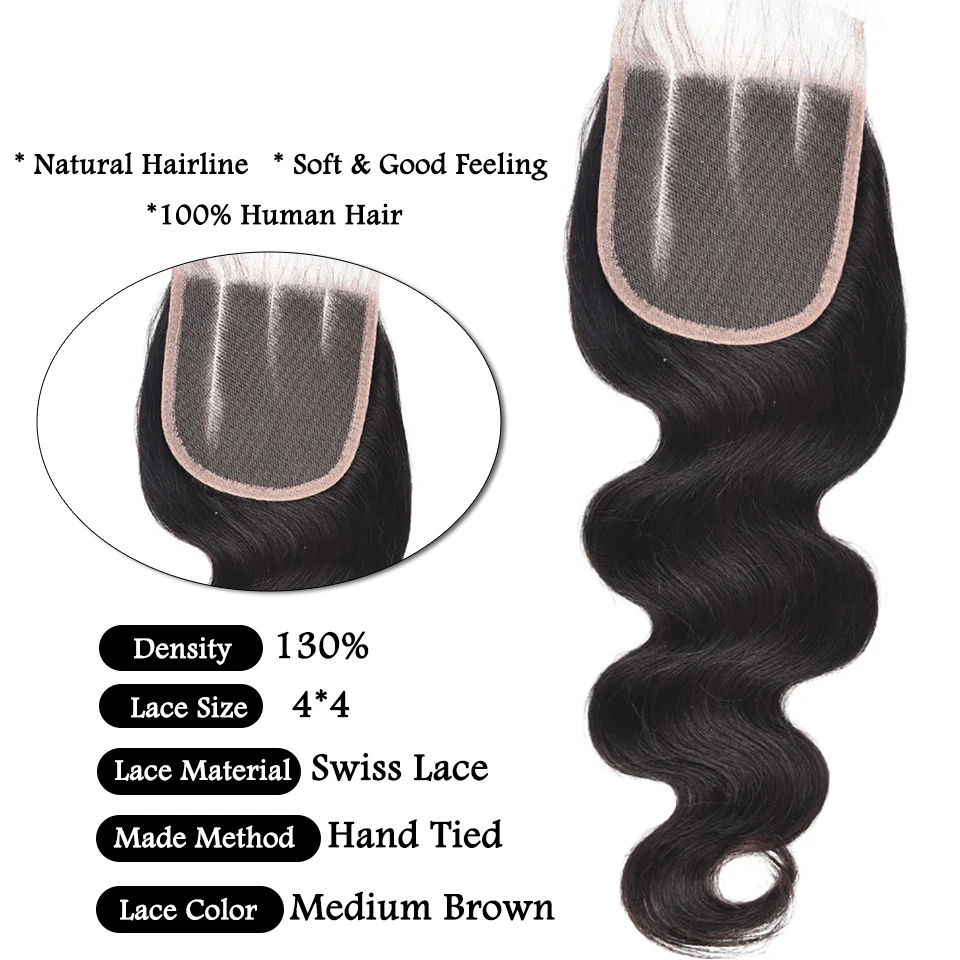 Бразильские волнистые волосы пряди с закрытием Реми человеческие волосы пряди волос ткать 4 шт./упак. натуральный Цвет среднего соотношение