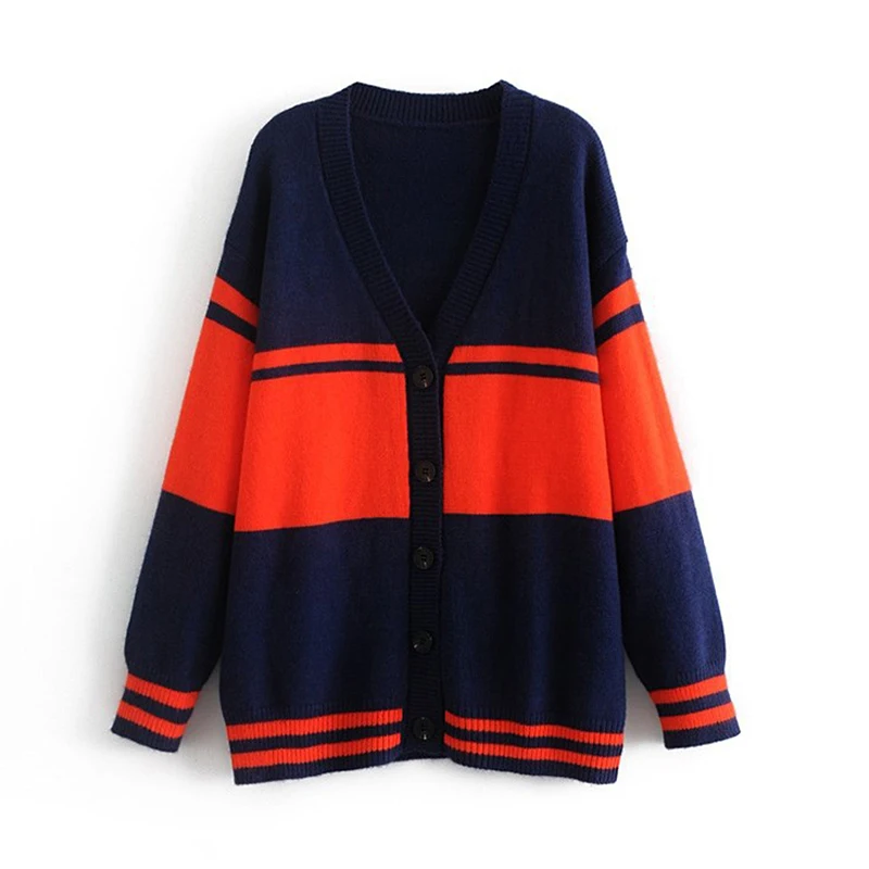 

High Quality Women Autumn Cardigan V-neck Single Breasted Patchwork Female Outwear Knitted Sweater 2019 Loose Cardigans