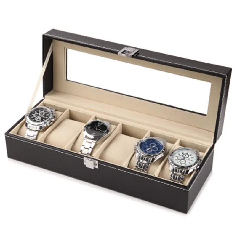 Черная кожа часы браслет коробка для хранения прозрачное стекло видимые ювелирные изделия шкатулка для часов упаковка и отделка чехол