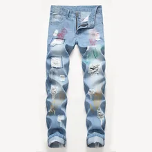 Отверстие для печати мужские джинсы из денима лето голубой рваные ковбойские полной длины Прямо мыть винтажные мужские повседневные джинсы мода