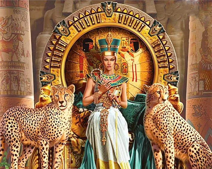 

5D Round Diamond Painting Mosaic Leopard Painting Egyptian Pharaoh Beauty Two Leopards Guards DIY 3D Diamond Embroidery Picture