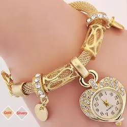 Цвета: золотистый, серебристый Для женщин изысканный сердце Форма часы кварцевые наручные Часы сплав браслет наручные часы Relogio подарок @ 17