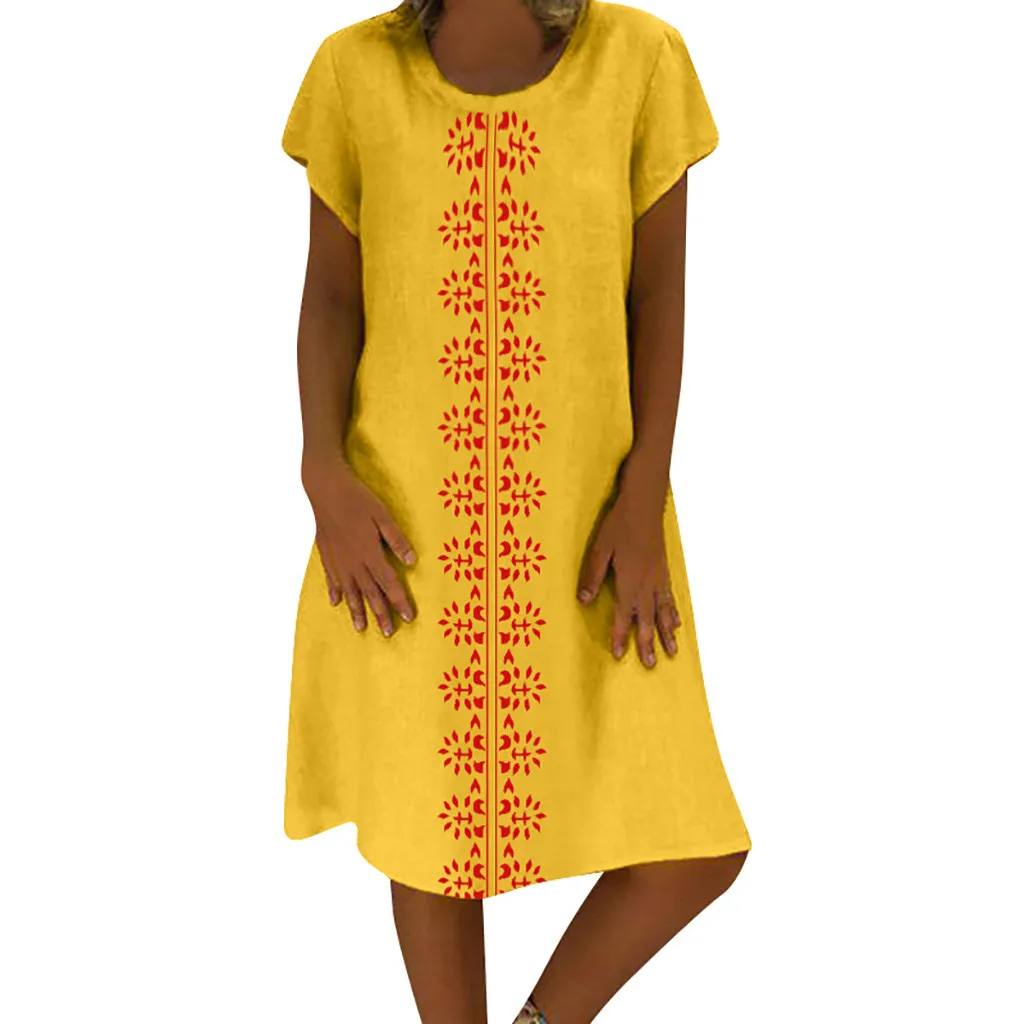 Summer dress Women O-Neck Printed Cotton And Linen Casual Plus Size Ladies beach Dress 2019 new arrival slim soft touch dress